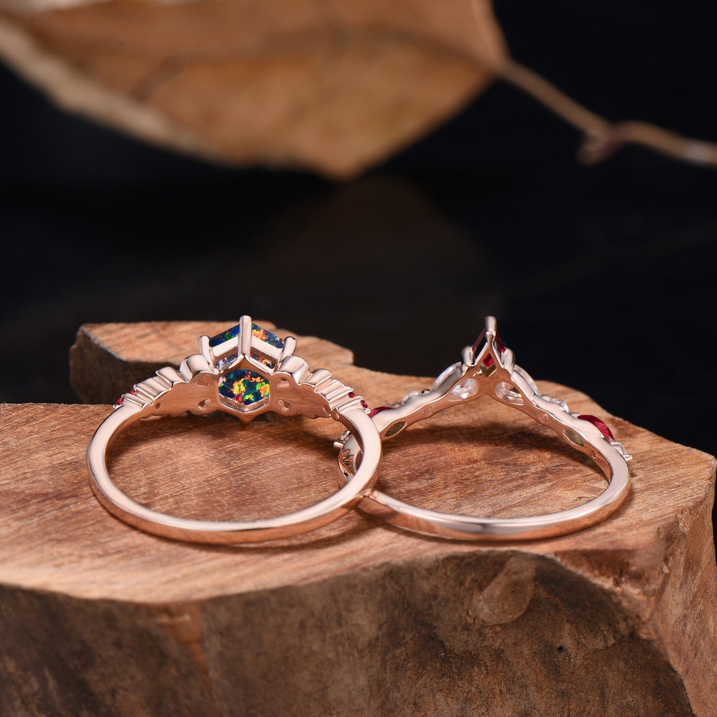 Nature Inspired Balck Fire Opal Engagement Ring Set Flower Leaf Vine Moissanite Wedding Set