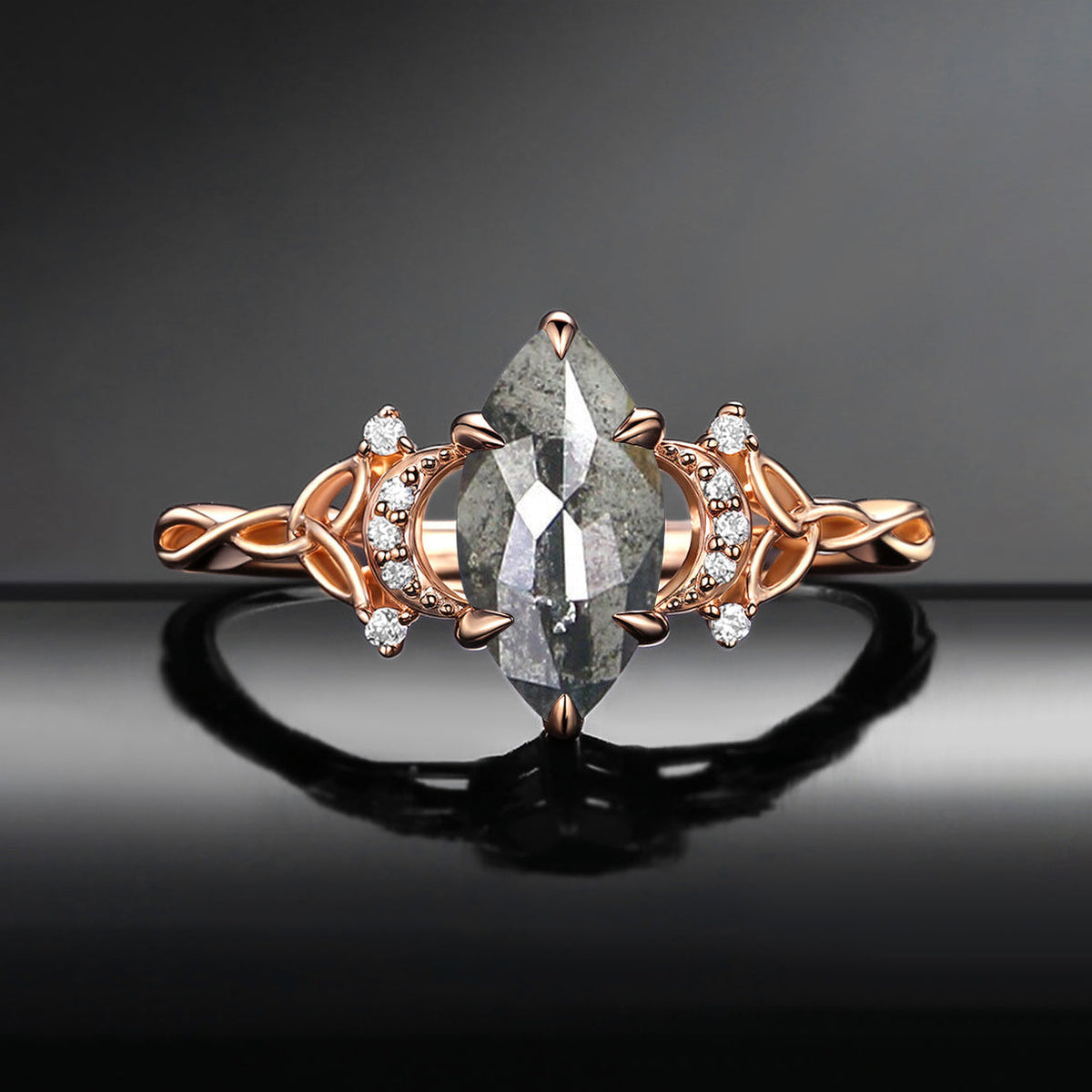Celtic Moon - Marquise Salt & Pepper Diamond Infinity Twist Engagement Ring