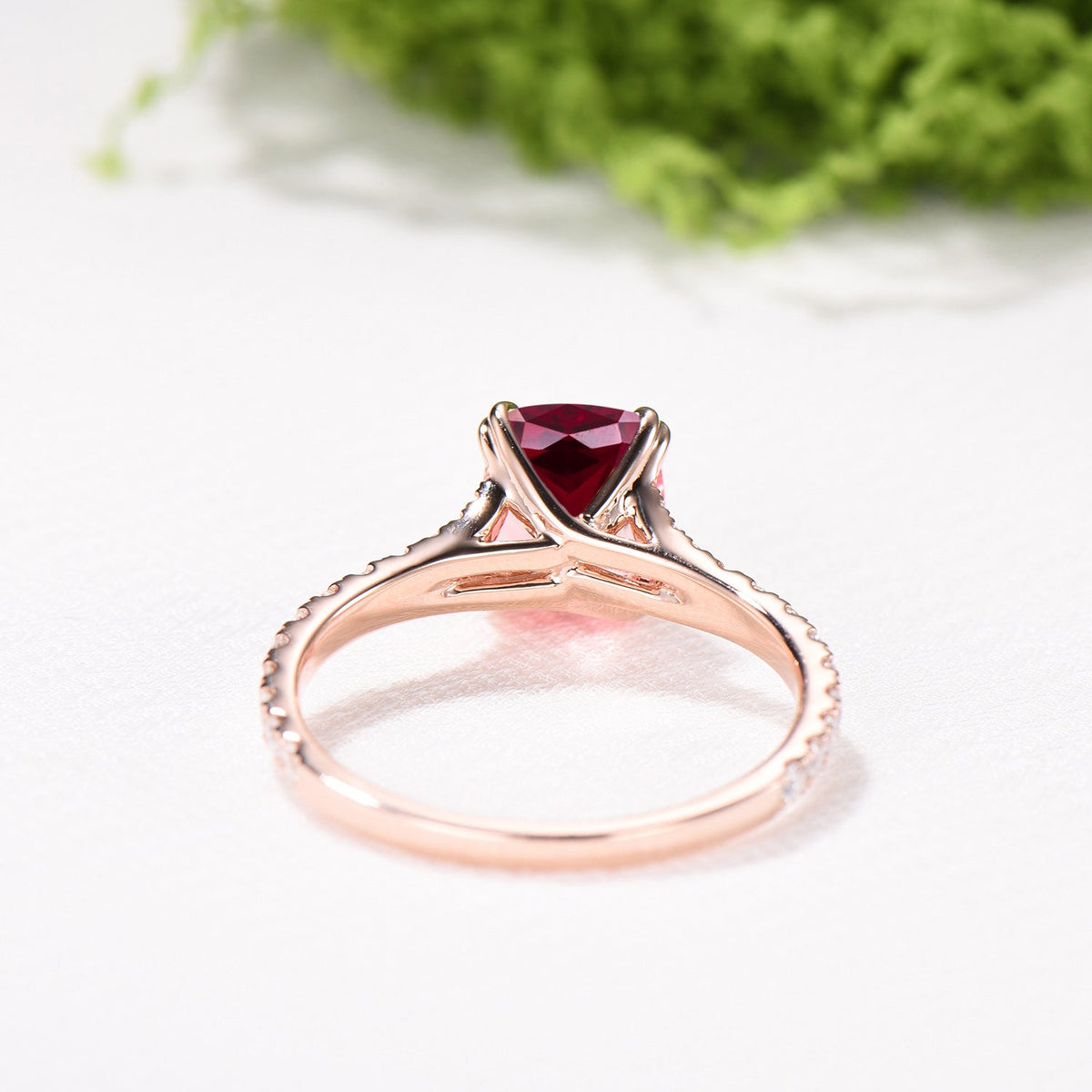 Cushion Ruby Engagement Ring, 14K Rose Gold Pave Diamond Split Shank, 8-Prong Anniversary Ring