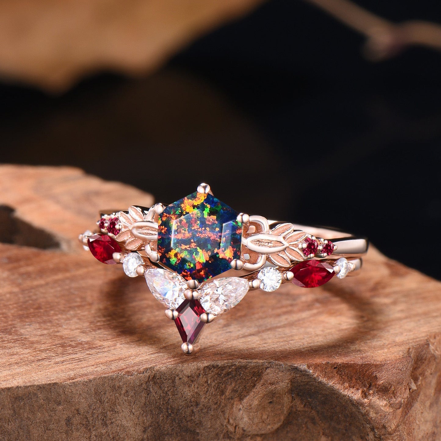 Nature Inspired Balck Fire Opal Engagement Ring Set Flower Leaf Vine Moissanite Wedding Set