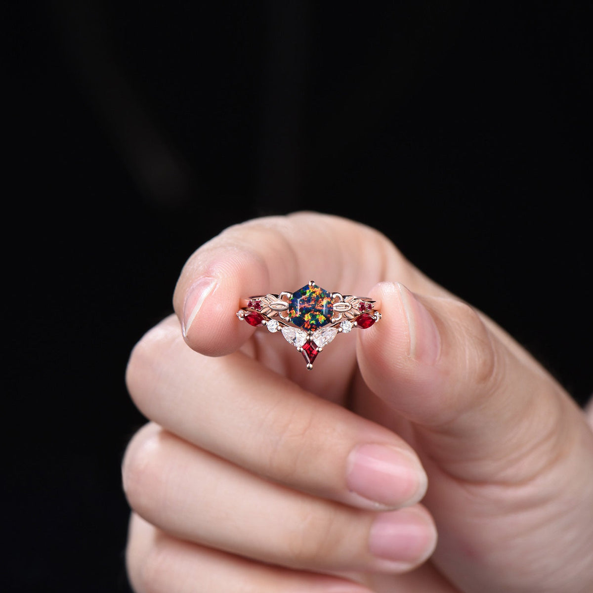 Nature Inspired Balck Fire Opal Engagement Ring Set Flower Leaf Vine Moissanite Wedding Set