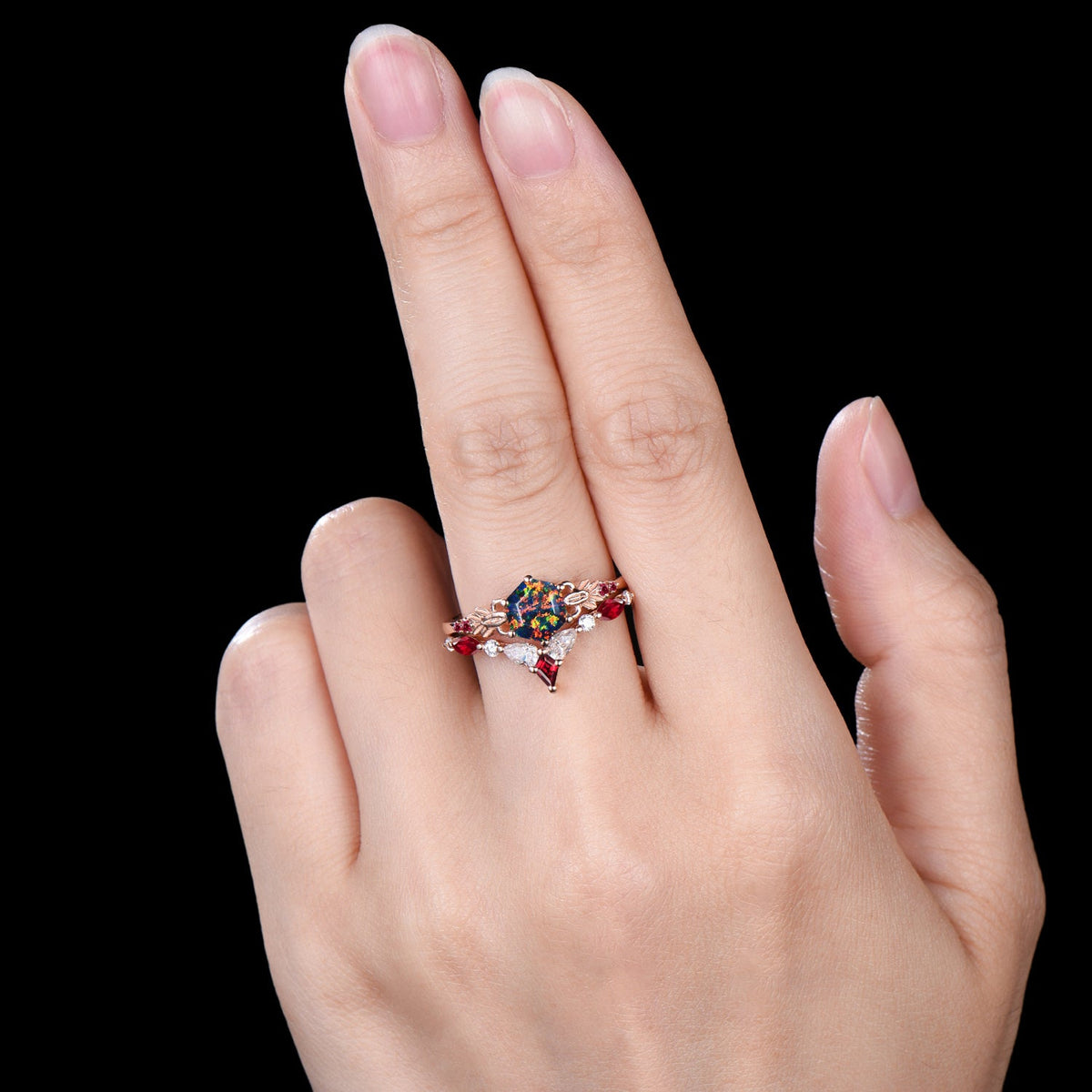 Nature Inspired Balck Fire Opal Engagement Ring Set Flower Leaf Vine Moissanite Wedding Set