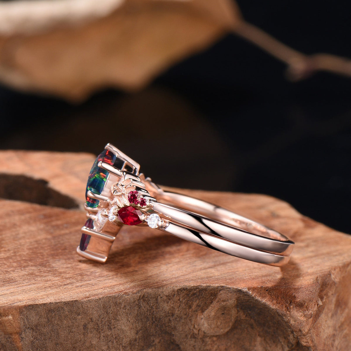 Nature Inspired Balck Fire Opal Engagement Ring Set Flower Leaf Vine Moissanite Wedding Set