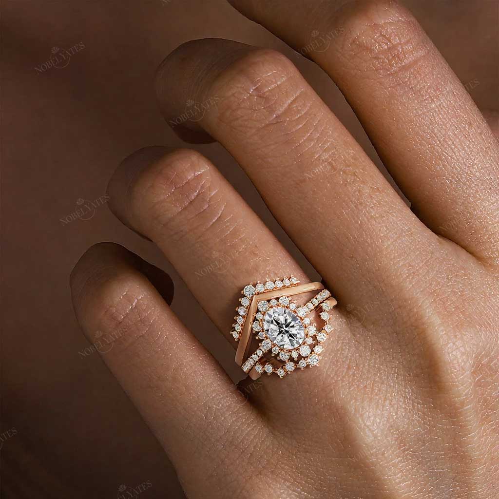 Round Lab Diamond Halo Engagement Ring Sets 3pcs