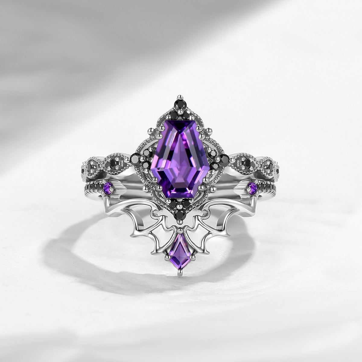 'Dark Romance' - Gothic Coffin Cut Amethyst Engagement Ring Set with Bat Wings in Black Gold