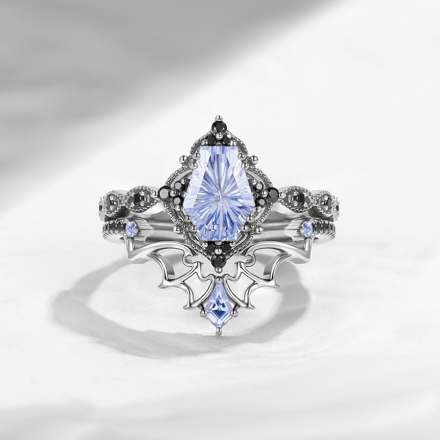 'Dark Romance'– Gothic Fantasy Carved Coffin Lab Cornflower Sapphire Engagement Ring Set