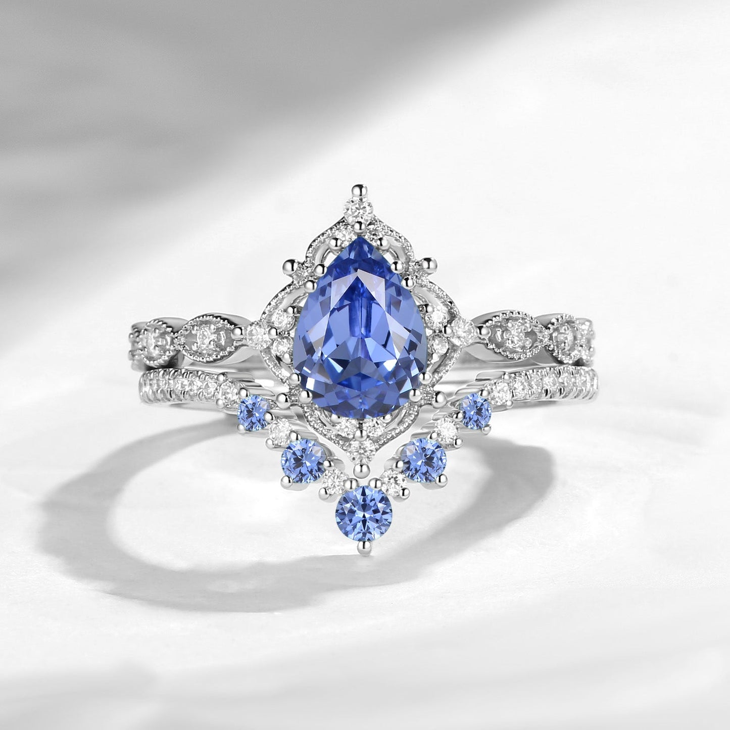 Antique Pear Cut Lab Cornflower Sapphire Engagement Ring 2pcs