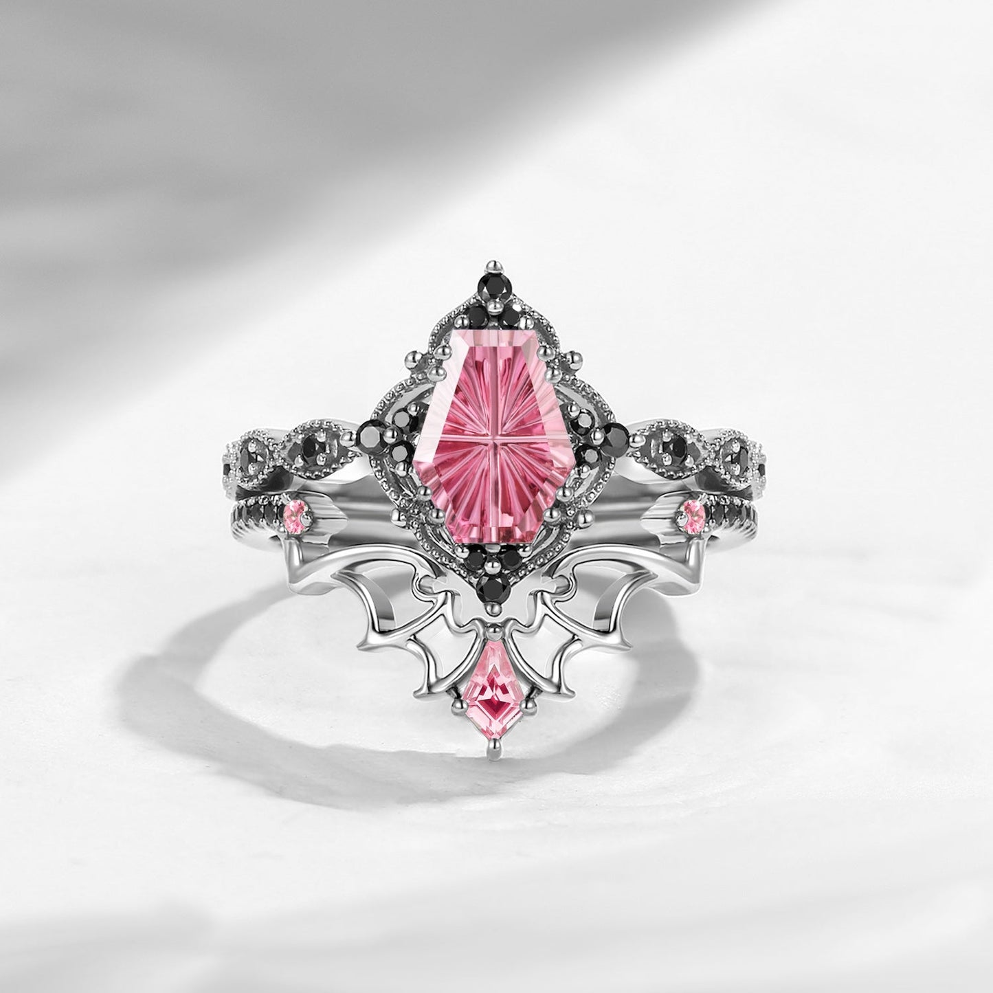 'Dark Romance' – Gothic Fantasy Carved Coffin Natural Pink Tourmaline Engagement Ring Set
