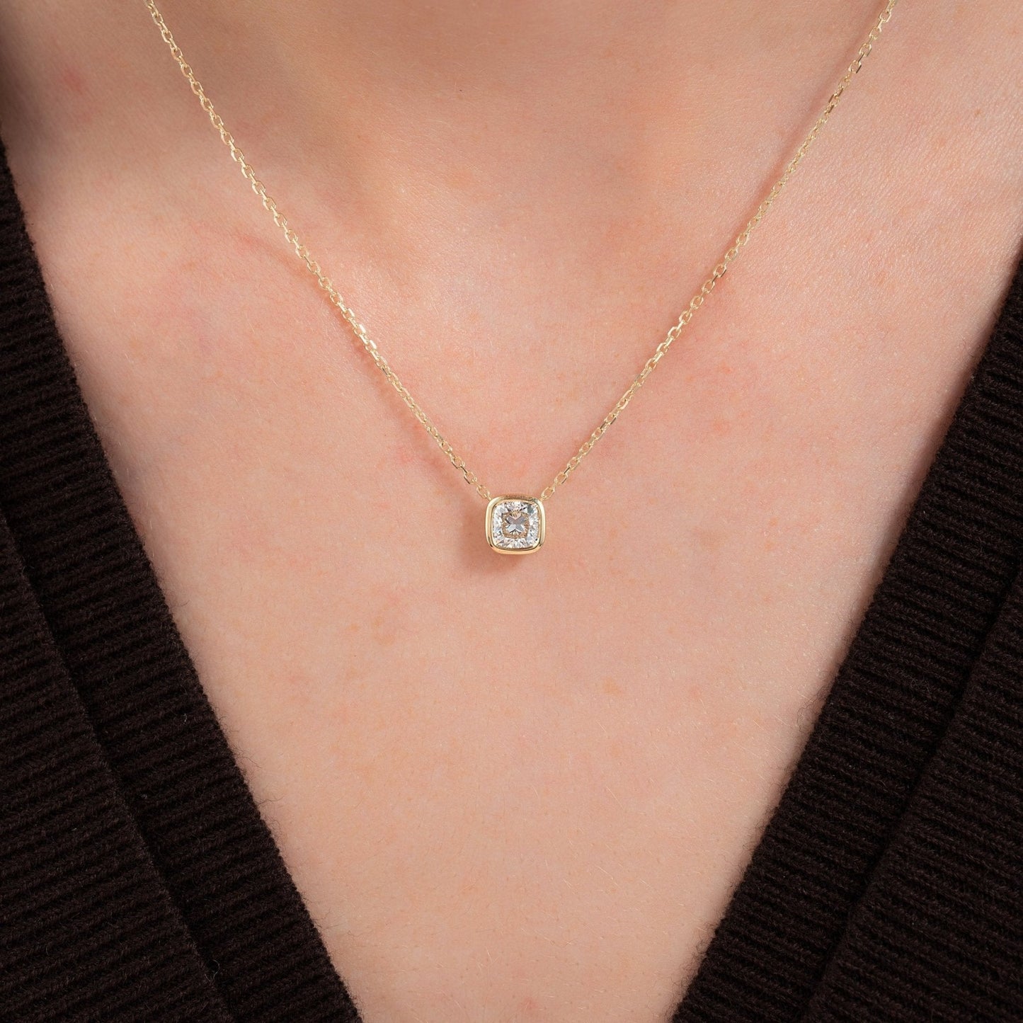 1 Carat Cushion Cut Diamond Bezel Pendant Necklace