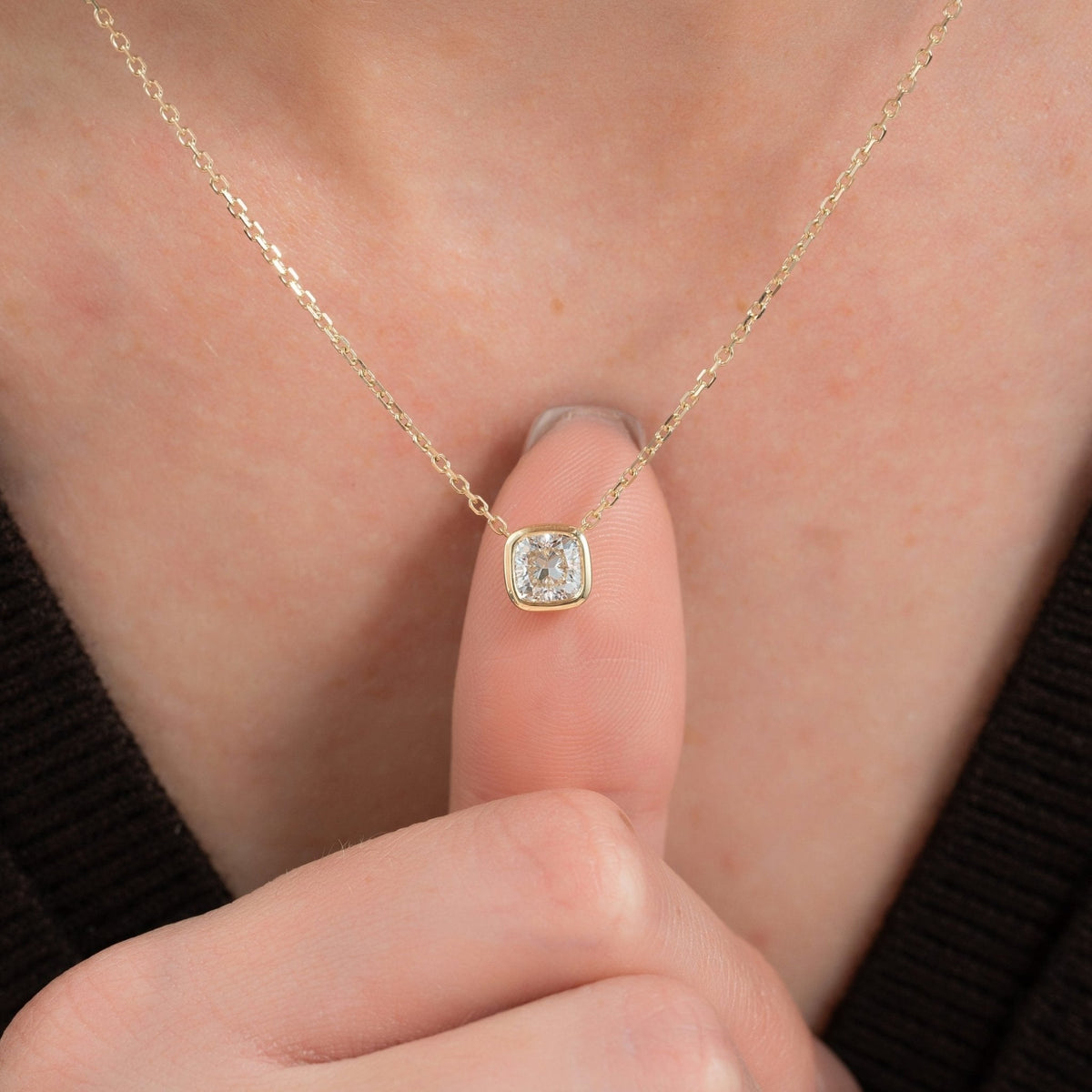 1 Carat Cushion Cut Diamond Bezel Pendant Necklace