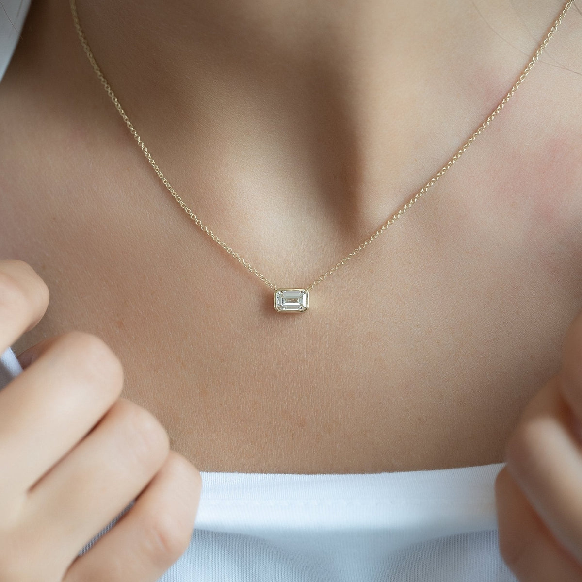 1 Carat Emerald Cut Bezel Set Diamond Pendant Necklace