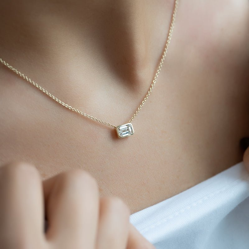 1 Carat Emerald Cut Bezel Set Diamond Pendant Necklace