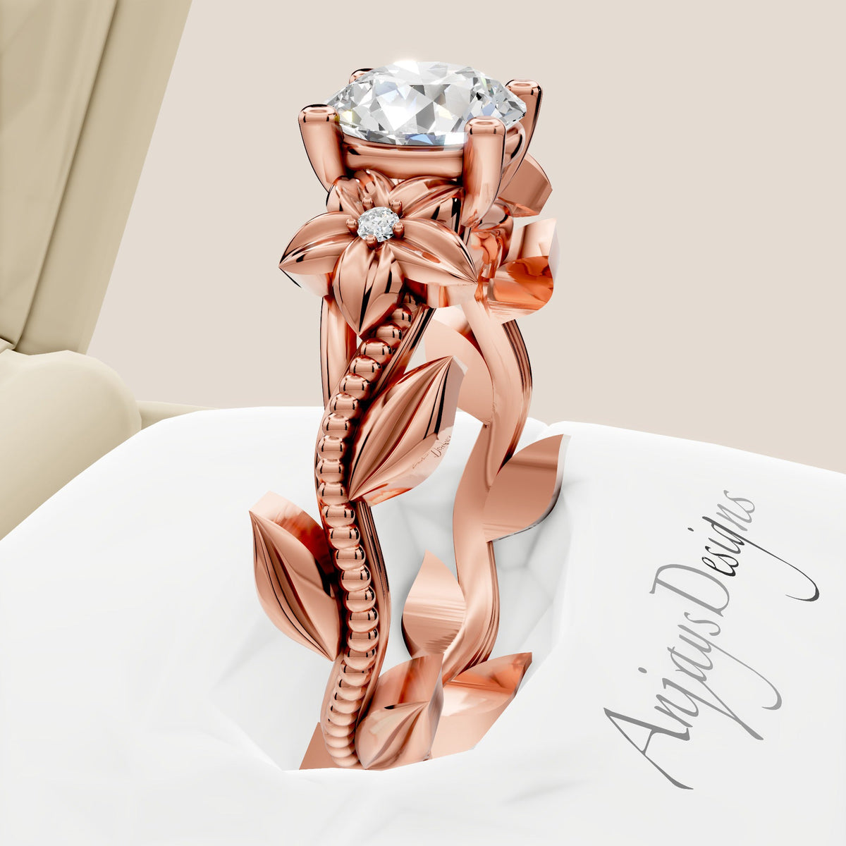 1 Carat Round Diamond Flower Engagement Ring Lab Grown Diamond Floral Ring Nature Inspired