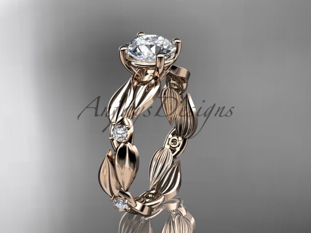 1 Carat Round Lab Grown Diamond Engagement Ring Nature Inspired Leaf and Vine Wedding Ring