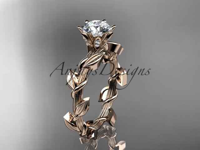 1 Carat Round Lab Grown Diamond Leaf and Vine Engagement Ring Unique Nature Inspired Diamond Ring