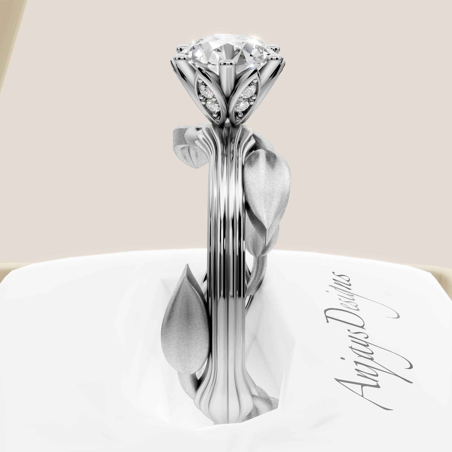 Nature Inspired Dainty Engagement Ring 1 Carat Round Lab Grown Diamond D VS1 IGI Certified