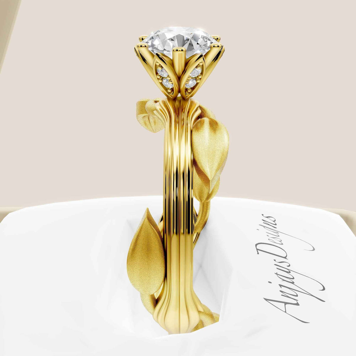 Nature Inspired Dainty Engagement Ring 1 Carat Round Lab Grown Diamond D VS1 IGI Certified
