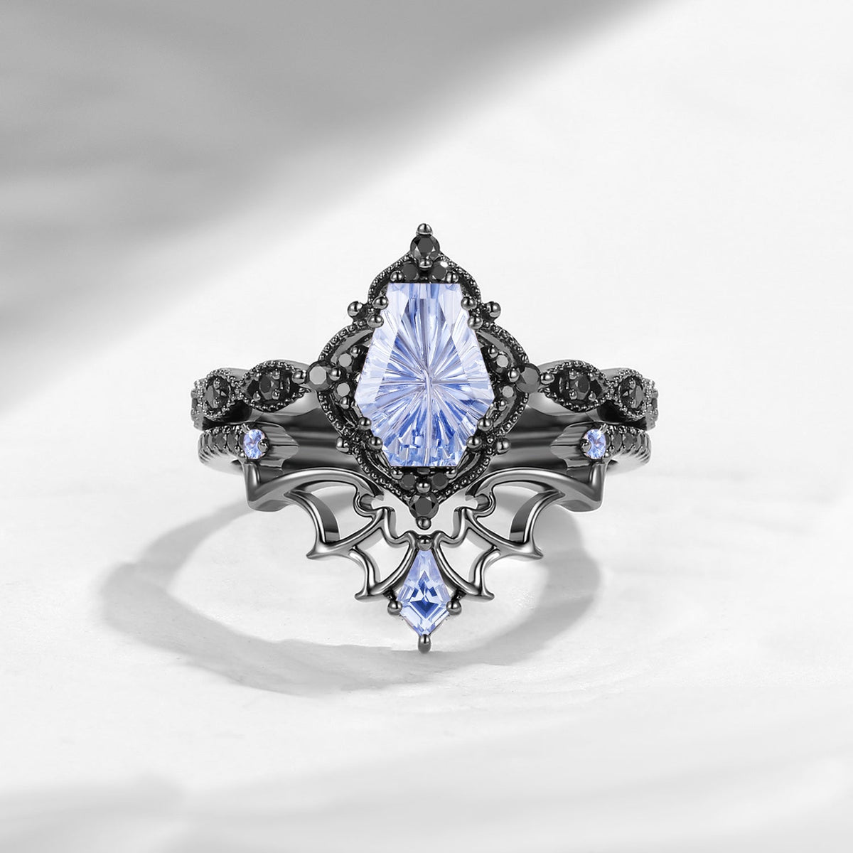 'Dark Romance'– Gothic Fantasy Carved Coffin Lab Cornflower Sapphire Engagement Ring Set
