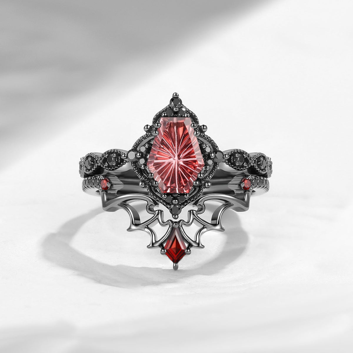 'Dark Romance' - Gothic Fantasy Cut Coffin Garnet Engagement Ring Set with Bat Wings in Black Gold-bat ring