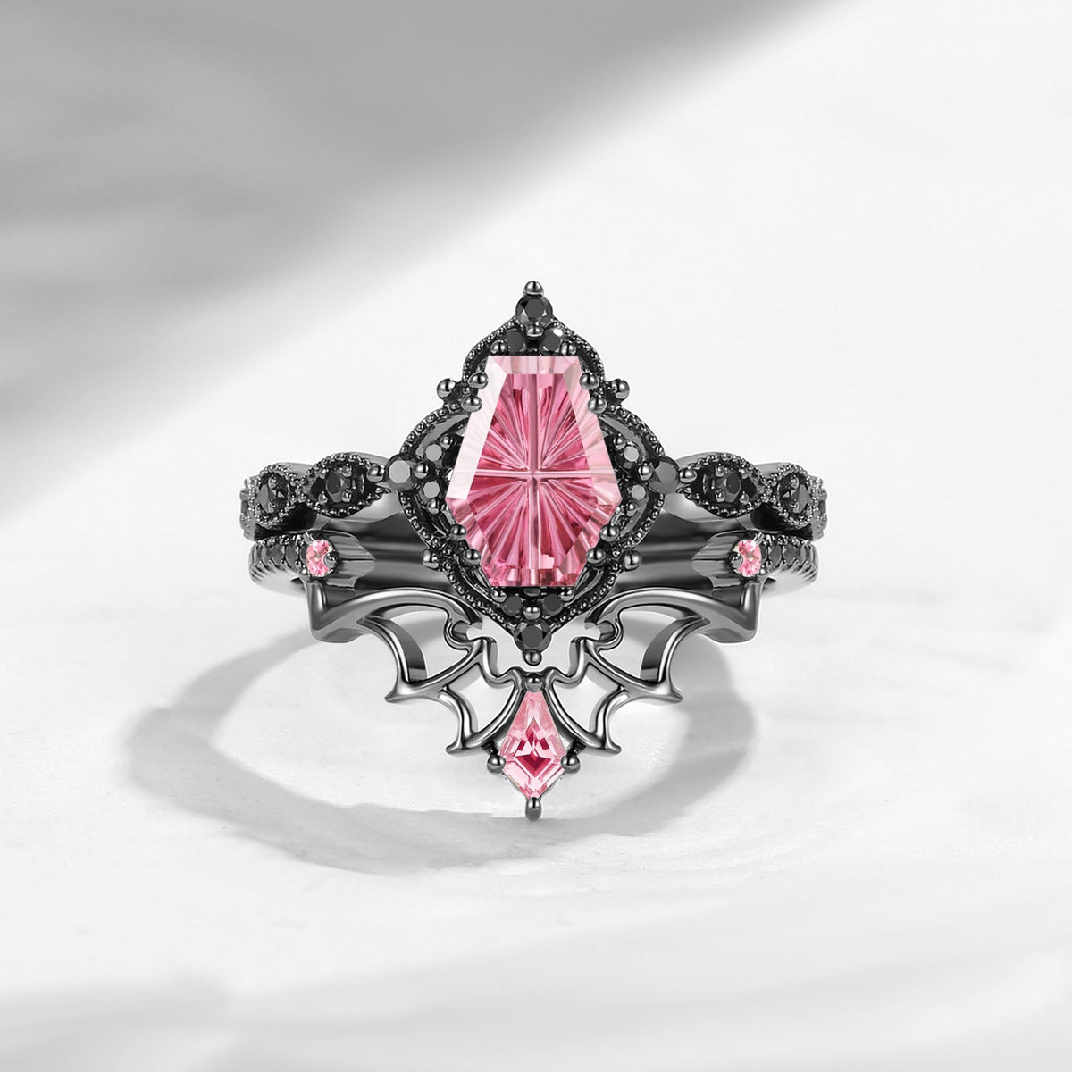 'Dark Romance' – Gothic Fantasy Carved Coffin Natural Pink Tourmaline Engagement Ring Set