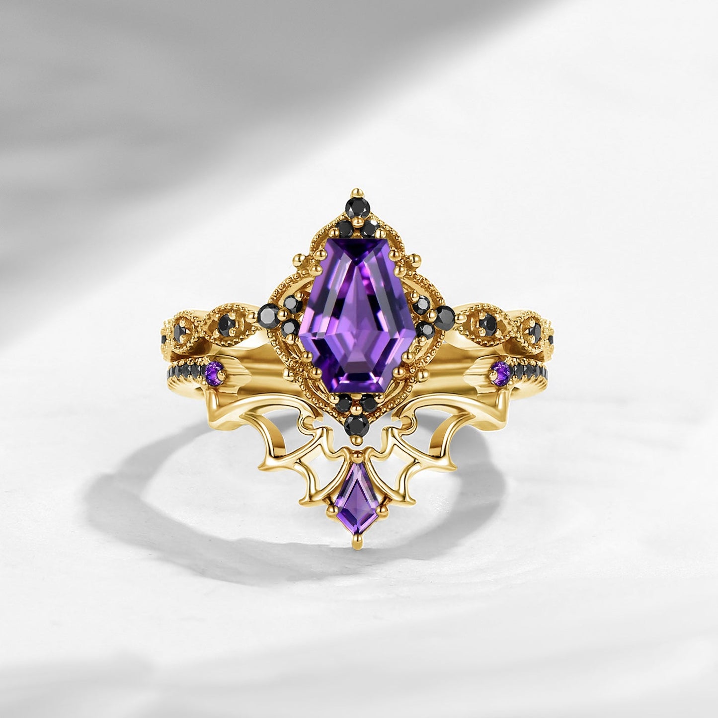'Dark Romance' - Gothic Coffin Cut Amethyst Engagement Ring Set with Bat Wings in Black Gold