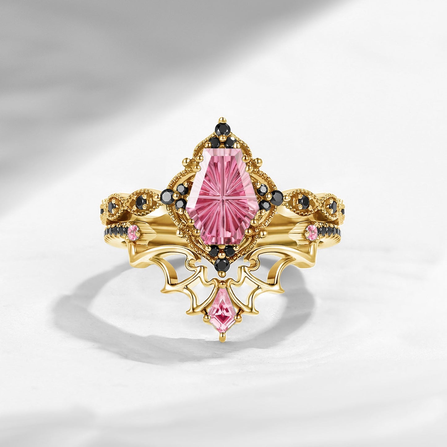 'Dark Romance' – Gothic Fantasy Carved Coffin Natural Pink Tourmaline Engagement Ring Set