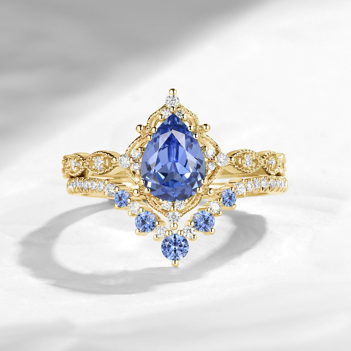 Antique Pear Cut Lab Cornflower Sapphire Engagement Ring 2pcs