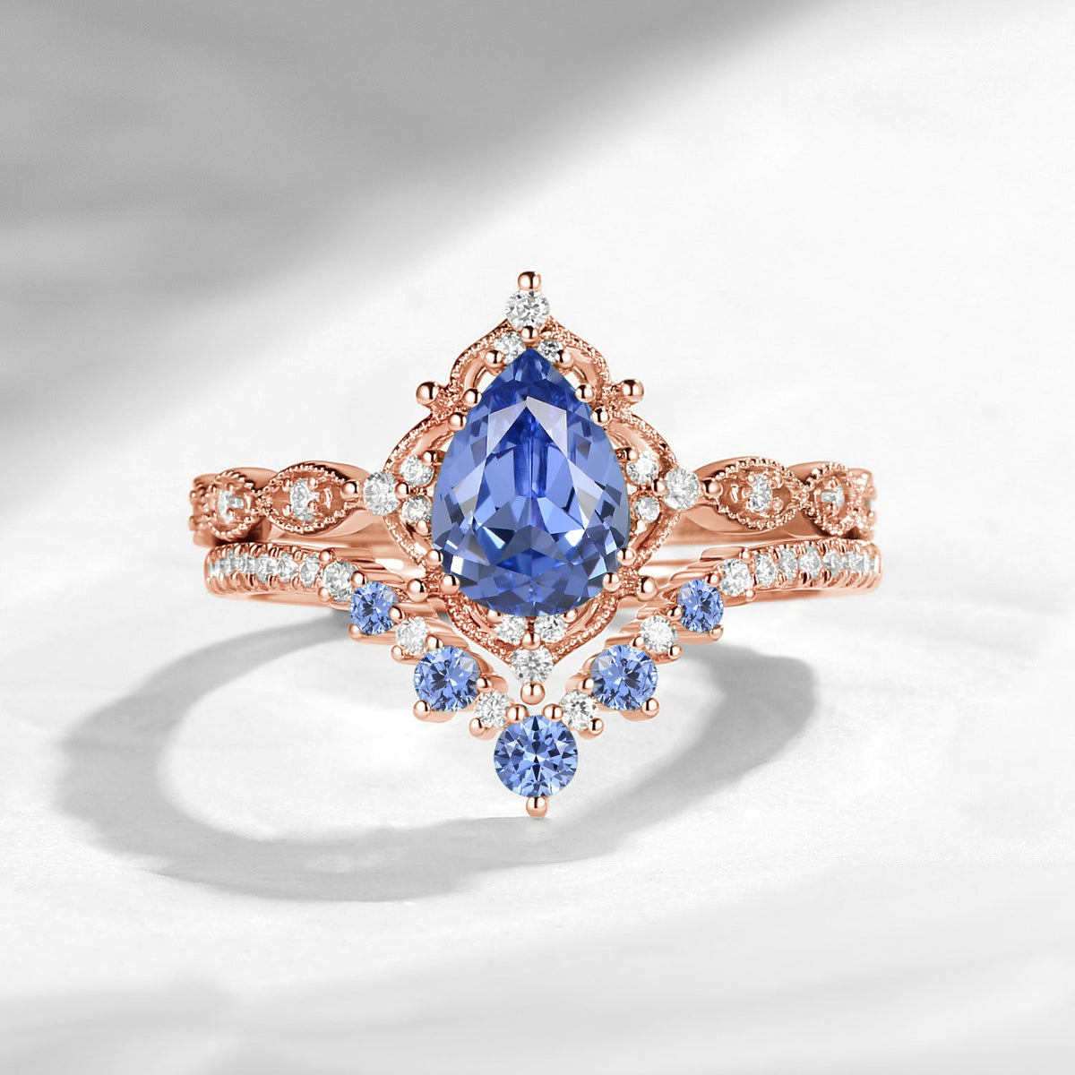 Antique Pear Cut Lab Cornflower Sapphire Engagement Ring 2pcs