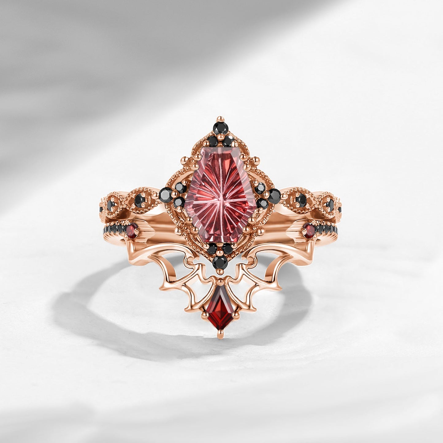 'Dark Romance' - Gothic Fantasy Cut Coffin Garnet Engagement Ring Set with Bat Wings in Black Gold-bat ring