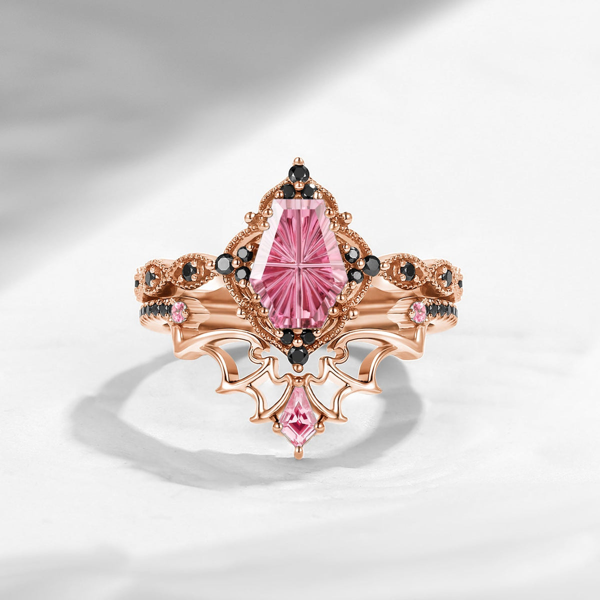 'Dark Romance' – Gothic Fantasy Carved Coffin Natural Pink Tourmaline Engagement Ring Set