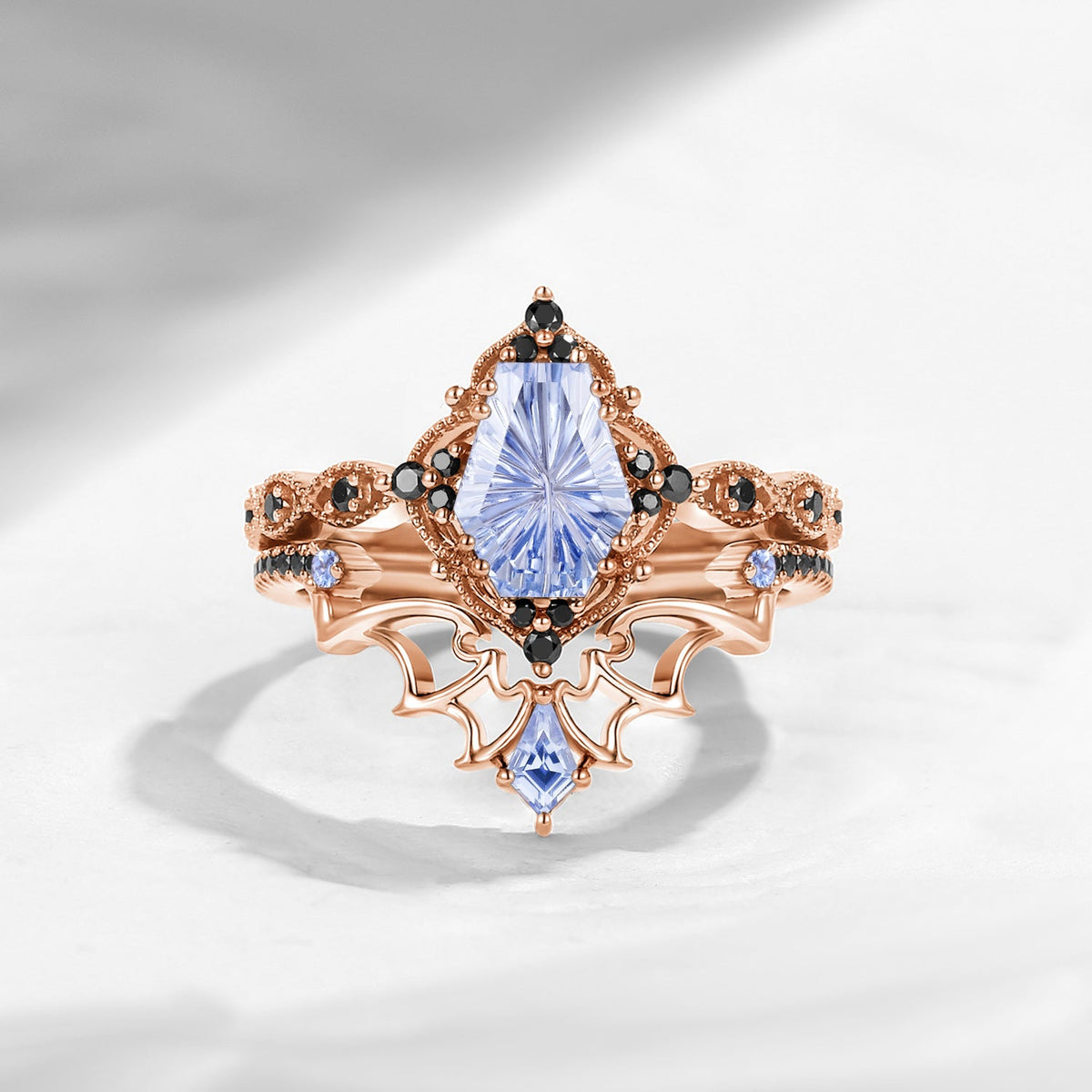 'Dark Romance'– Gothic Fantasy Carved Coffin Lab Cornflower Sapphire Engagement Ring Set