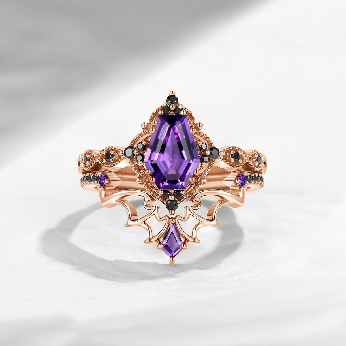 'Dark Romance' - Gothic Coffin Cut Amethyst Engagement Ring Set with Bat Wings in Black Gold