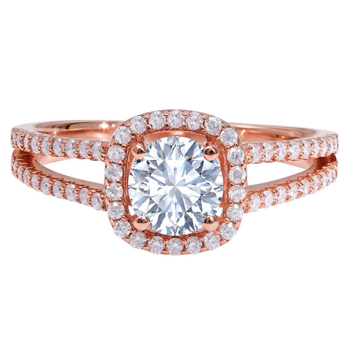 1.50 Carat Round Cut Halo Engagement Ring for Women, Cubic Zirconia Ring with Moissanite Side Stones, Twisted Split Band, 18K Rose Gold Plated Anniversary Promise Ring
