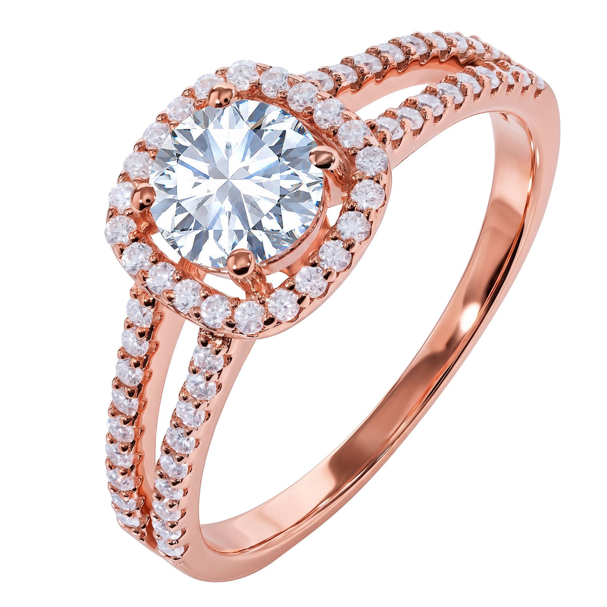 1.50 Carat Round Cut Halo Engagement Ring for Women, Cubic Zirconia Ring with Moissanite Side Stones, Twisted Split Band, 18K Rose Gold Plated Anniversary Promise Ring