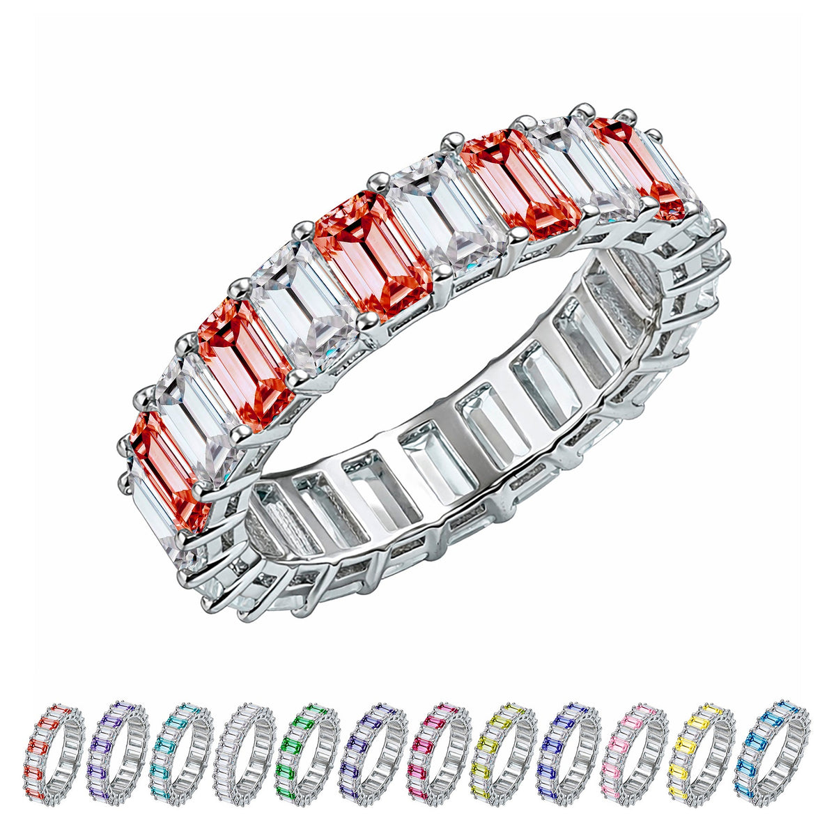 10 Carat Emerald Cut Birthstone - Multicolor Eternity Wedding Band