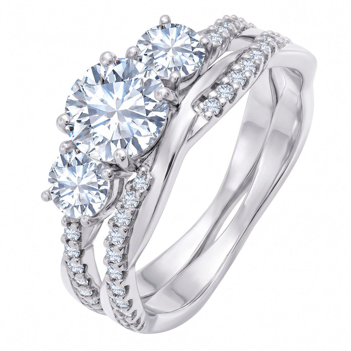 2 Carat Lab Grown Diamond Bridal Ring Set for Women, Round Cut 3 Stone Engagement Ring with Matching Wedding Band, 18K White Gold Plated Silver