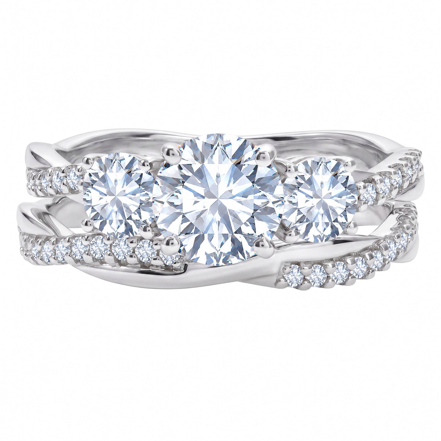 2 Carat Lab Grown Diamond Bridal Ring Set for Women, Round Cut 3 Stone Engagement Ring with Matching Wedding Band, 18K White Gold Plated Silver