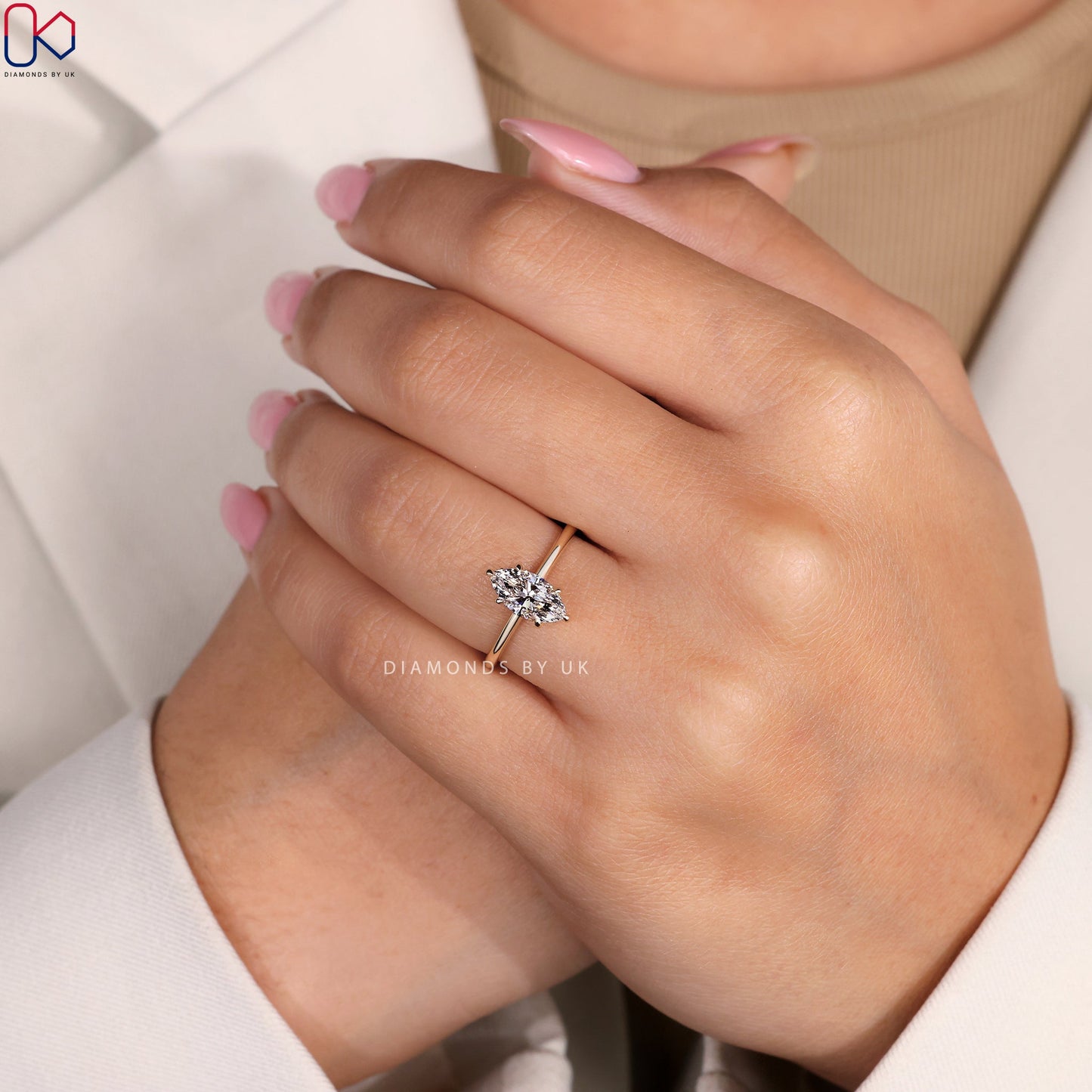 Marquise Cut Diamond Ring In Hidden Halo Setting