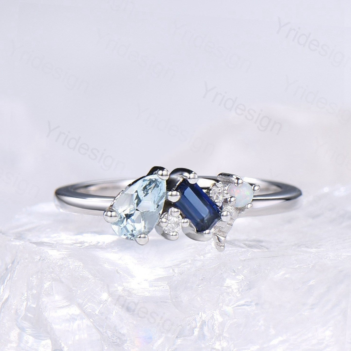 Ethereal Ocean Blue Multi-Gemstone Aquamarine Ring | Nature Inspired Dainty Sapphire Opal Band