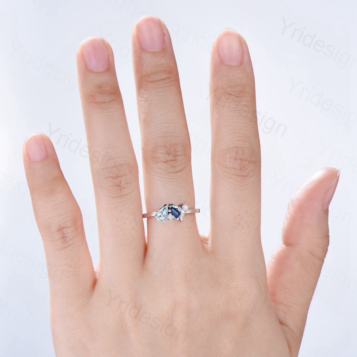 Ethereal Ocean Blue Multi-Gemstone Aquamarine Ring | Nature Inspired Dainty Sapphire Opal Band