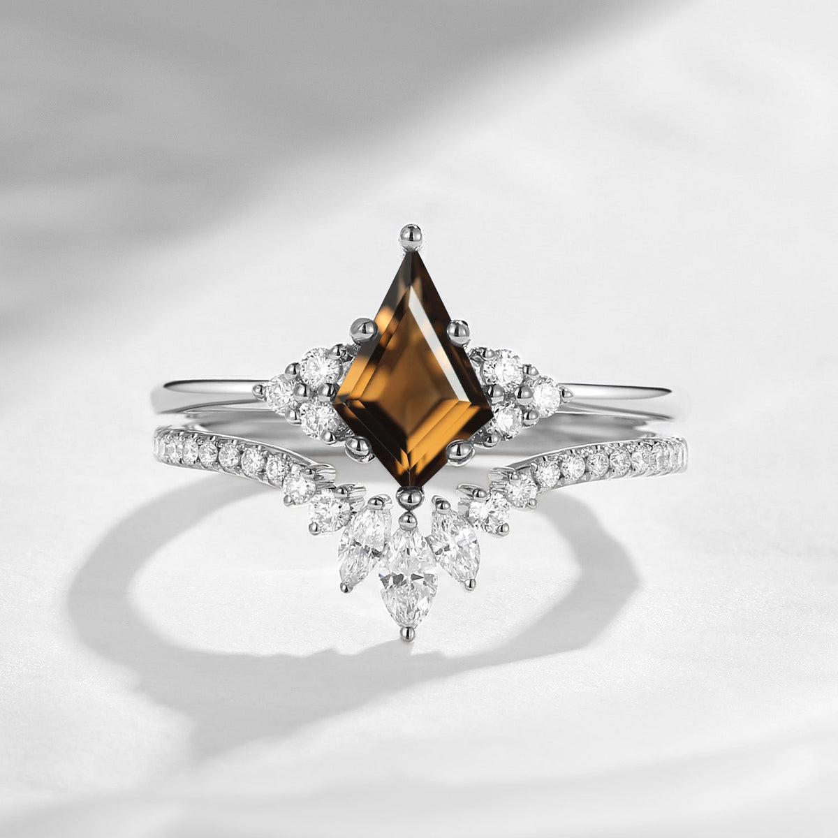 Classic Style Kite Cut Smokey Quartz Cluster Engagement Ring Set 2pcs - Electra
