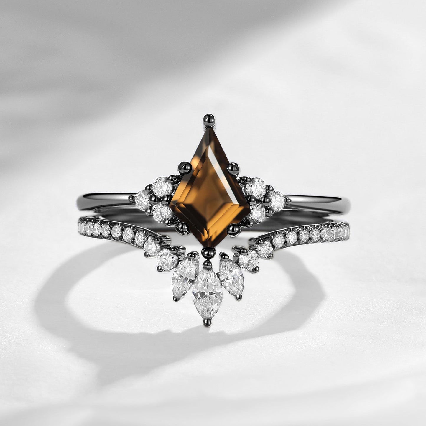 Classic Style Kite Cut Smokey Quartz Cluster Engagement Ring Set 2pcs - Electra