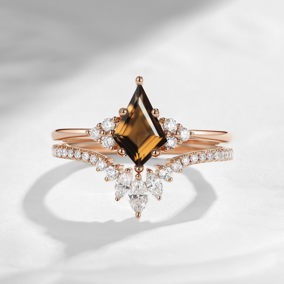 Classic Style Kite Cut Smokey Quartz Cluster Engagement Ring Set 2pcs - Electra