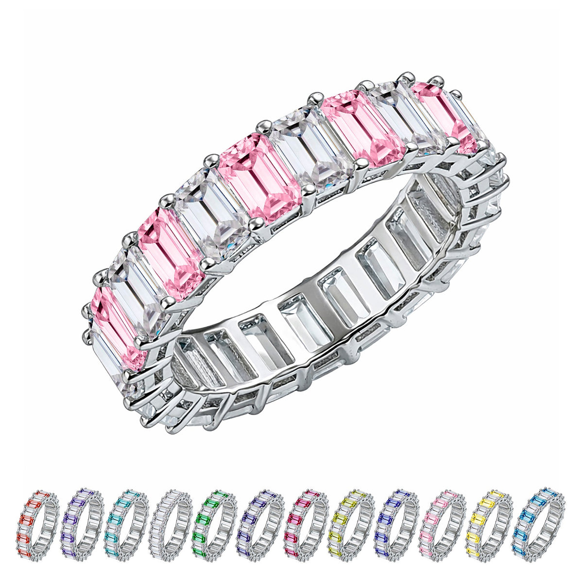 10 Carat Emerald Cut Birthstone - Multicolor Eternity Wedding Band