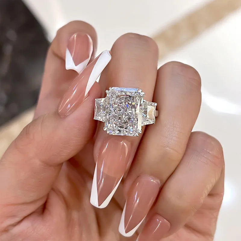 Glazed Radiant Cut 8.0ct Three Stone Engagement Ring In Sterling Silver