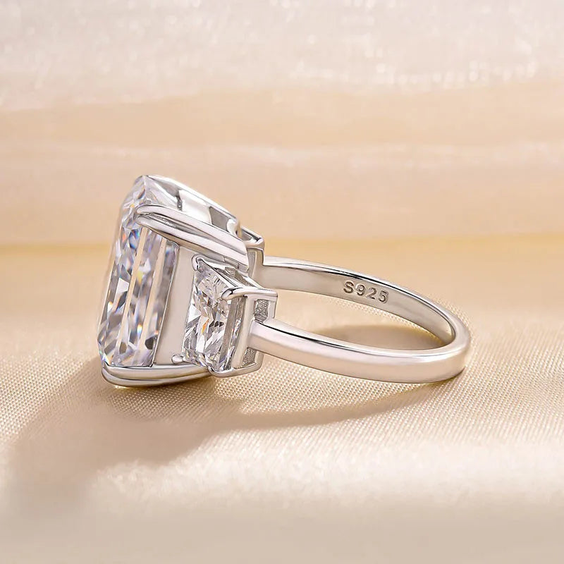 Glazed Radiant Cut 8.0ct Three Stone Engagement Ring In Sterling Silver