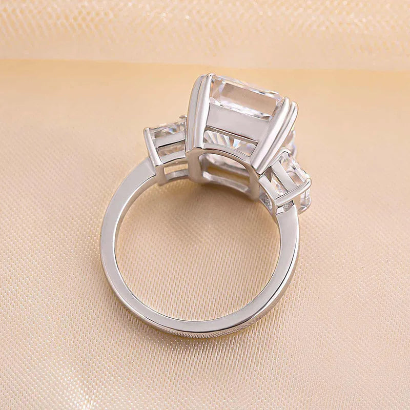 Glazed Radiant Cut 8.0ct Three Stone Engagement Ring In Sterling Silver