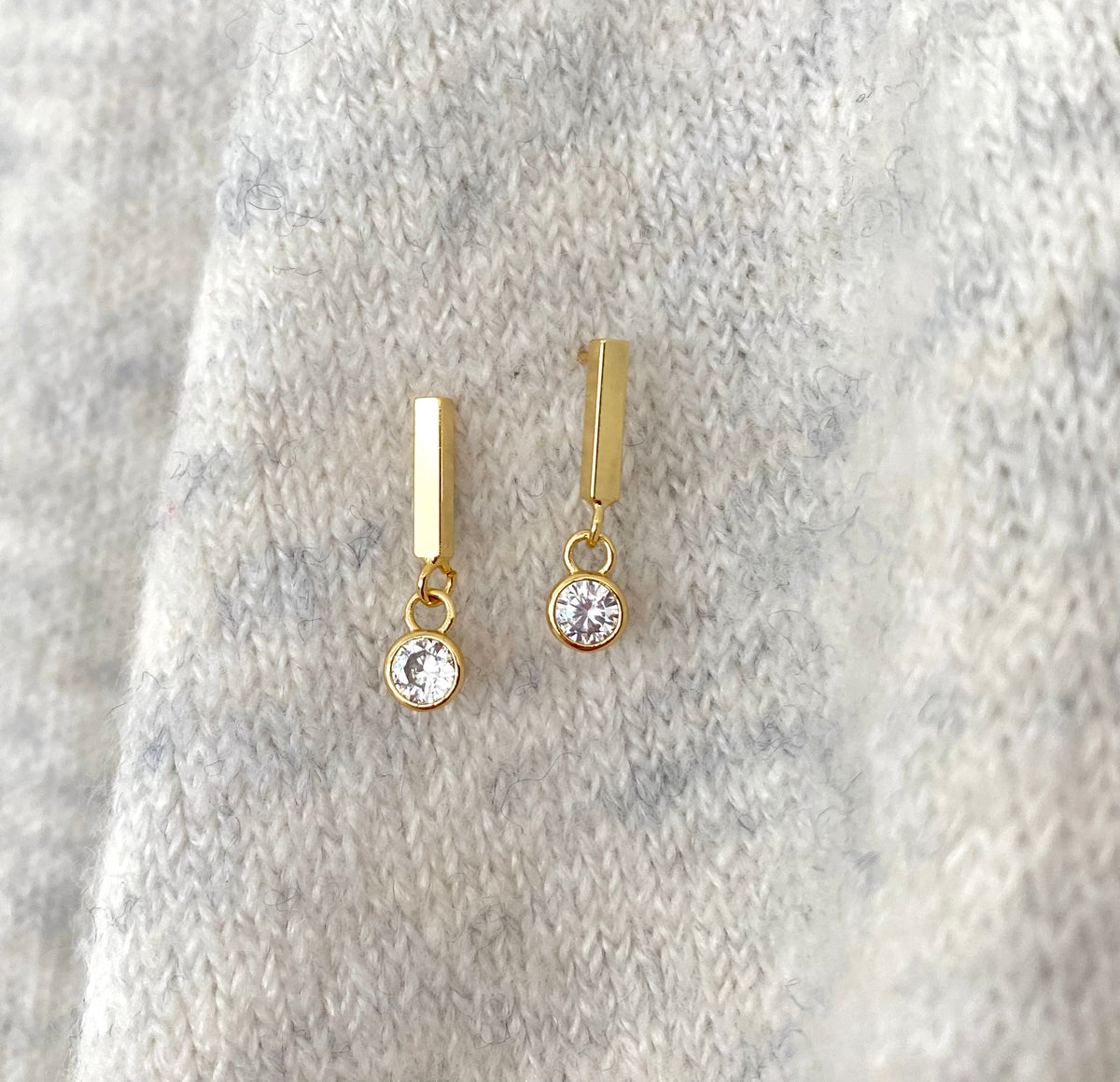 Gold Filled Bar Earrings Crystal CZ Charm Studs Clear Quartz Dangle Charm Earrings Minimalist Line Earrings with Crystal Christmas Gift