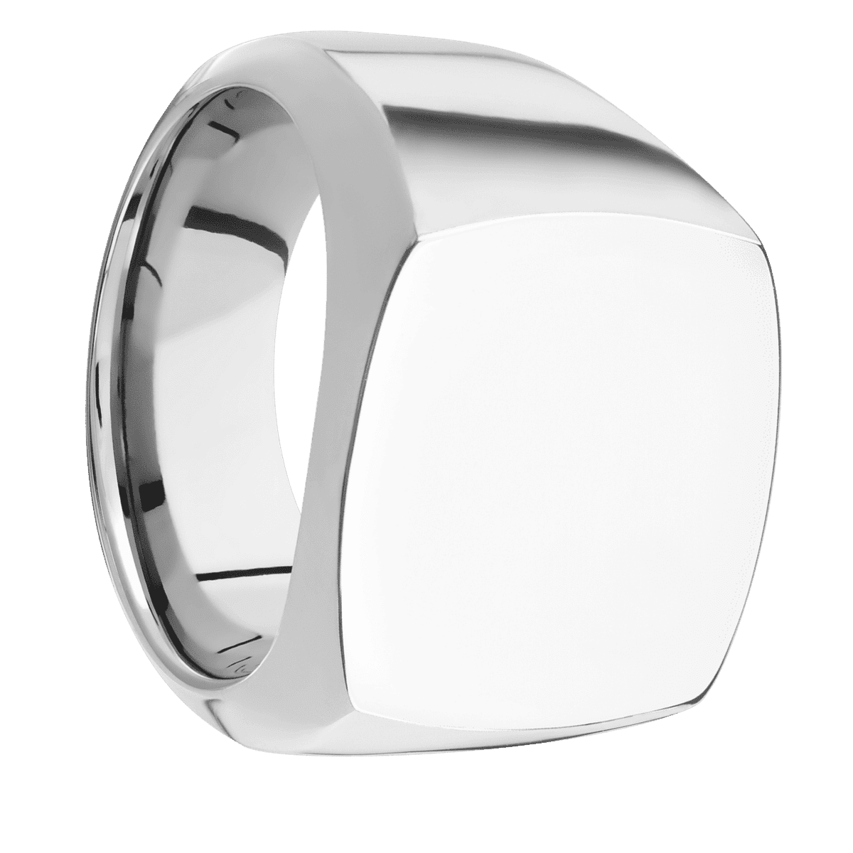 Large Cushion signet ring (18x18mm) in Platinum, with a Wide style band.