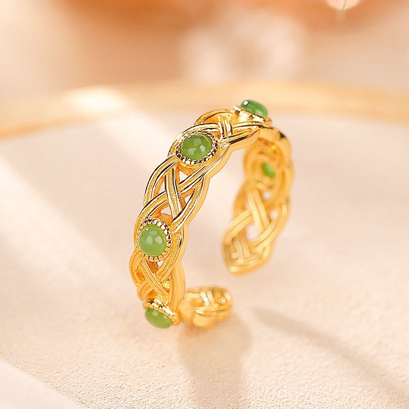 Fortune Jewel 925 Sterling Silver Plated Gold Cyan Jade Braided Design Success Luck Adjustable Ring